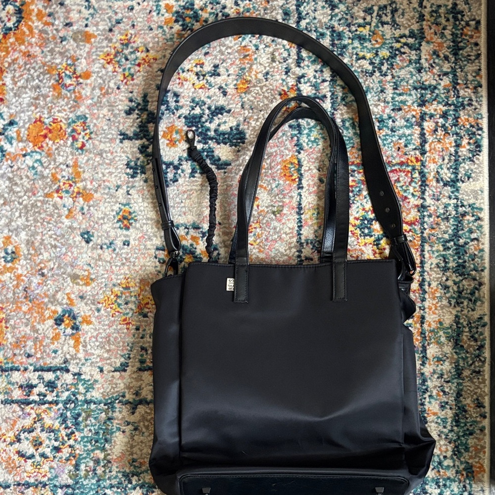 Beis North South Black Nylon Tote Bag with Adjustable Shoulder Strap